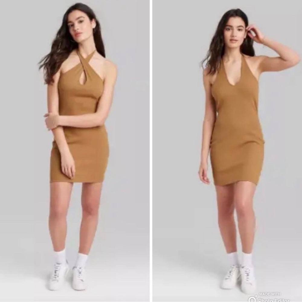 Wild Fable Halter Ribbed Bodycon Dress Cognac Brown